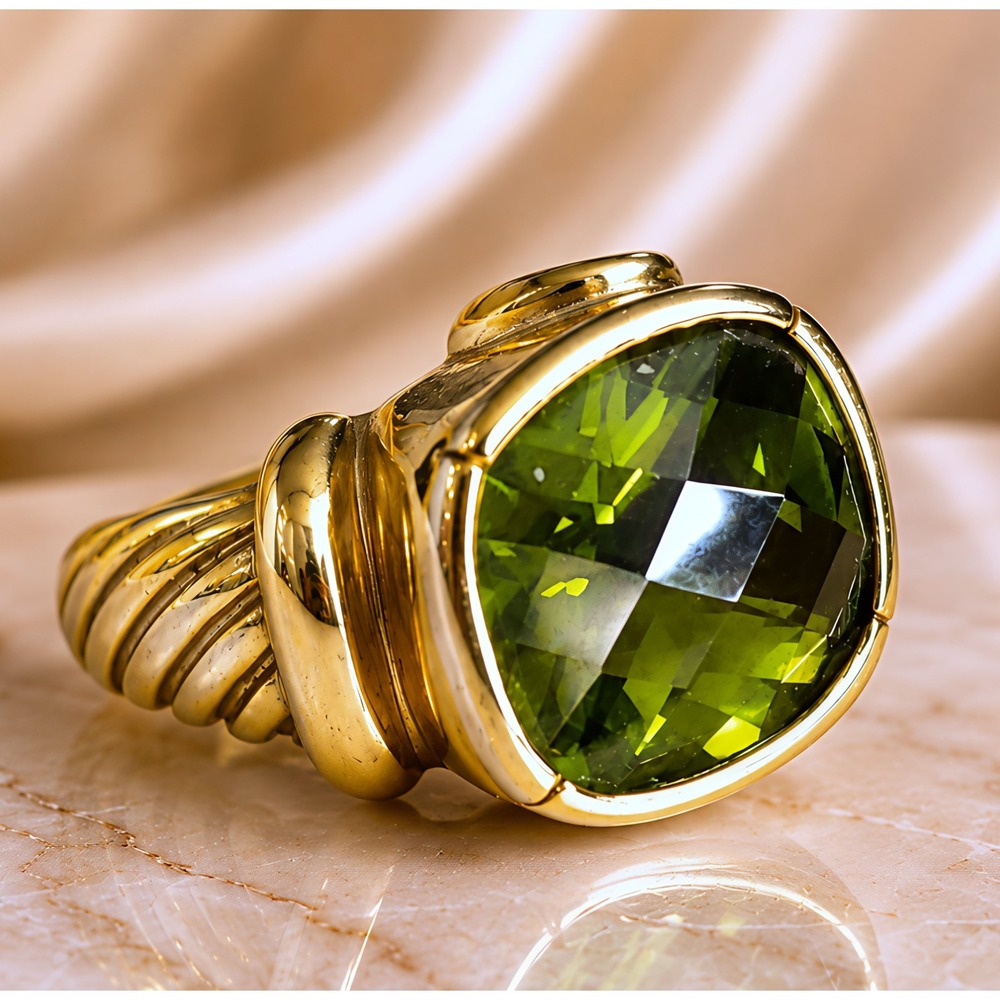 Vintage Sterling 925 Gold Tone Chunky Ring Green Faceted Glass Stone PAS Size 8